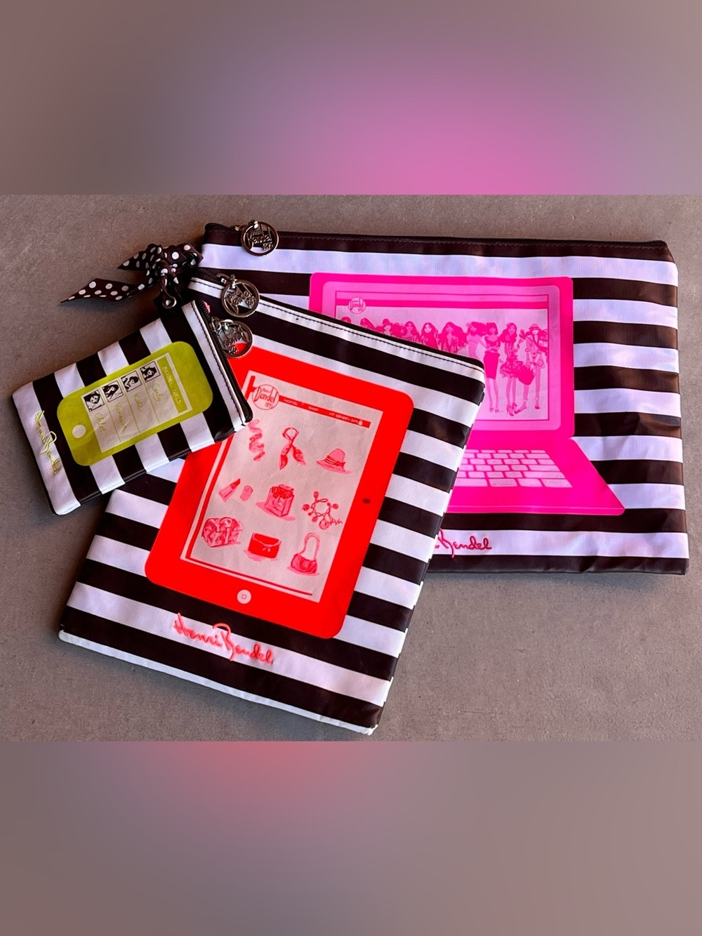 Henri Bendel To Go Tech Pouch Set 3 Brown White Stripe Laptop Tablet Phone Bags - Picture 3 of 12